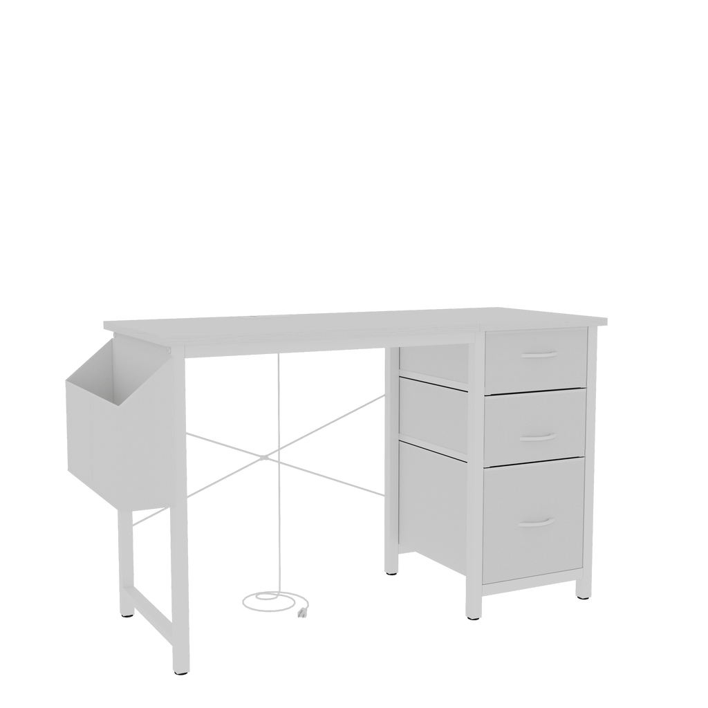 47.3'office desk with power outlet,3 drawers,Side Pocket, Study Desk Easy to Assemble,Frame stability Reversible for home desk, company computer desk, game table,Vanity table, white