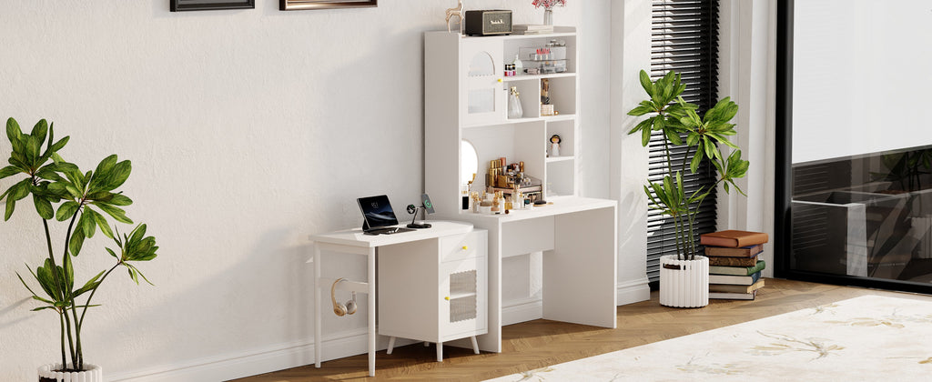 Computer Desk with 90 Degree Rotating Desktop, 43x70 Inch Office Desk with Storage Drawer and Cabinets, Gaming Desk with Shelves, Writing Desk for Study, Work Desk for Home (Old SKU:N733P279101K)