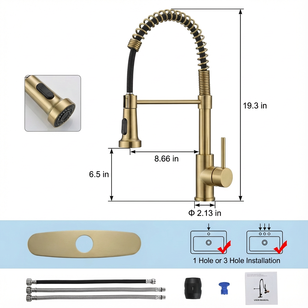 Kitchen Faucet with Pull Down Sprayer Industrial 1 Handle 1 Hole Or 3 Hole Faucet for Farmhouse Camper Laundry Utility Rv Wet Bar Sinks, Stainless Steel, Brushed Gold