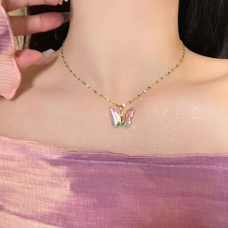 Colorful Butterfly Pendant Clavicle Chain Necklace for Girls