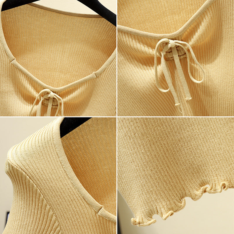 Korean Style Women's Bow Tie Short Sleeve Knit Top