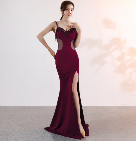 Deep V Neckline Evening Dress with Slit (New Style)