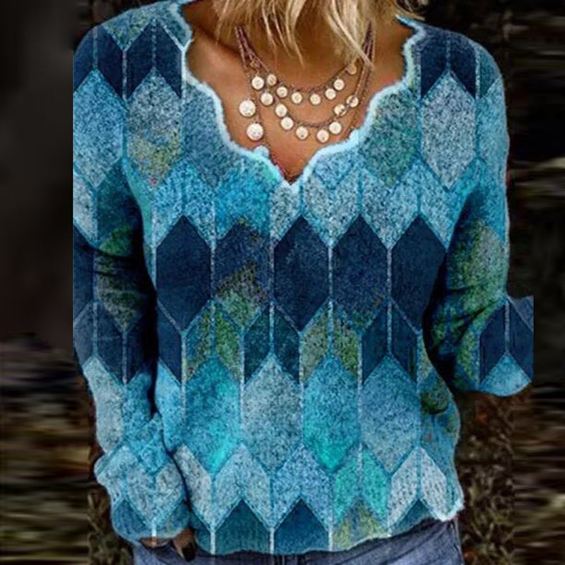 Printed Long Sleeve V-Neck Sweater for Women