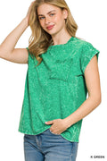Zenana Full Size Crinkle Washed Round Neck Folded Short Sleeve Tee Plus Size