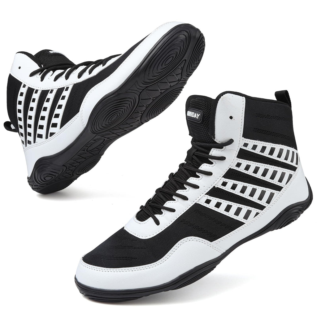 Wrestling Shoes Boxing Shoes for Men Pro Wrestling Boots High Top Fitness Weightlifting Powerlifting Shoes Black/White