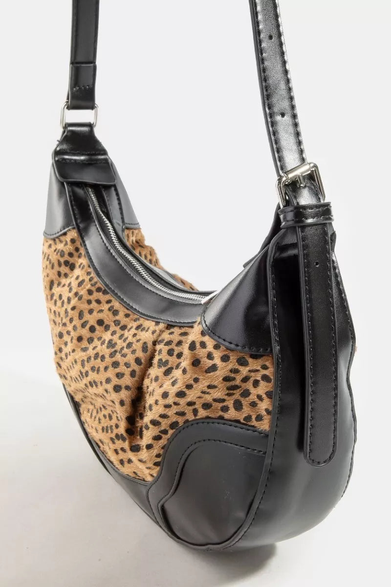 Fame Dark Spotted Leopard Print Half Moon Shoulder Bag