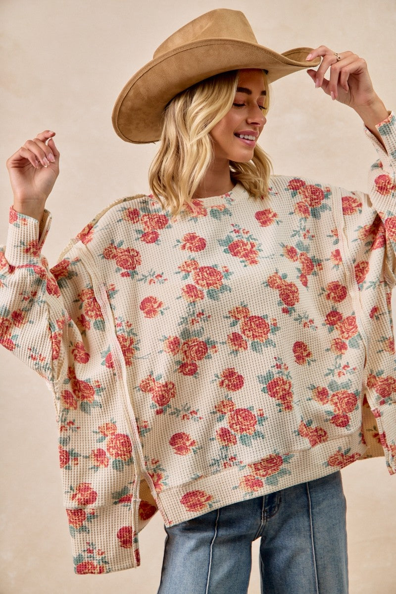 BiBi Floral Print Oversized Waffle Thermal Sweatshirt