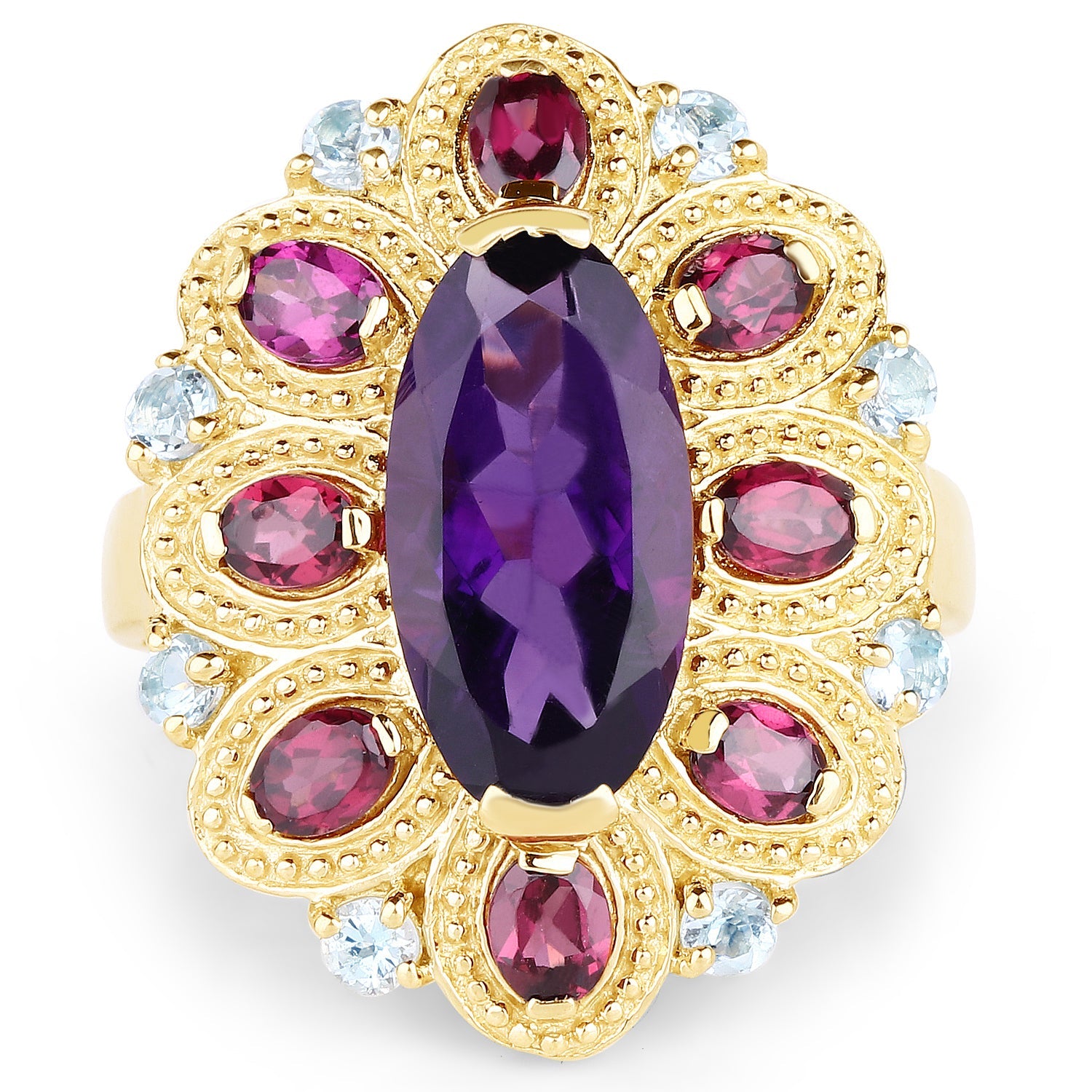 14K Yellow Gold Plated 6.80 Carat Genuine Amethyst, Rhodolite & Blue Topaz .925 Sterling Silver Ring