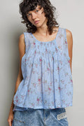 POL Round Neck Sleeveless Floral Pleated Cotton Top