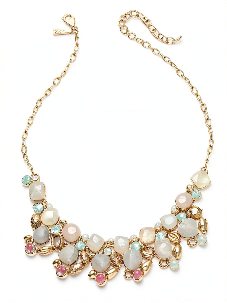 Inc Gold-Tone Stone and Glass Multi-Cluster Statement Necklace
