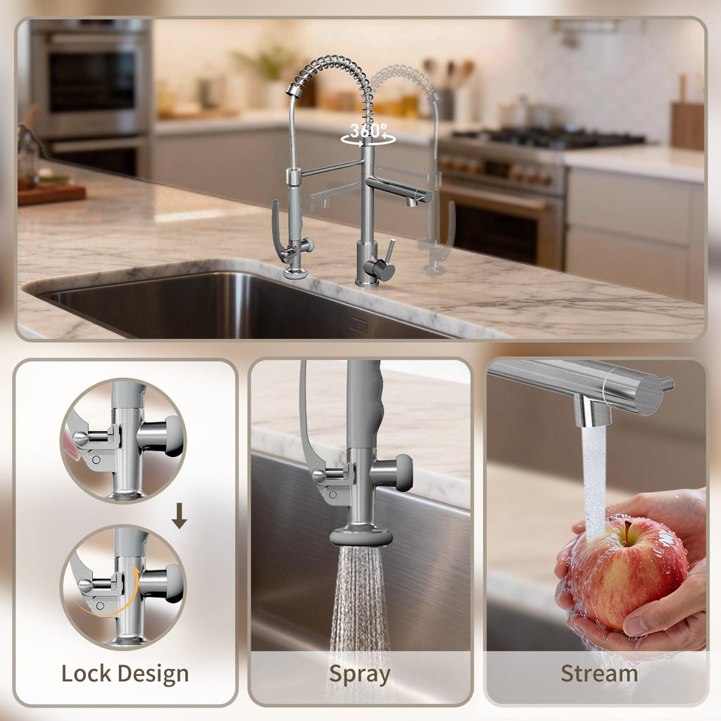 Commercial Single Handle Kitchen Sink Faucet Brushed Nickel Pull Down Sprayer Design