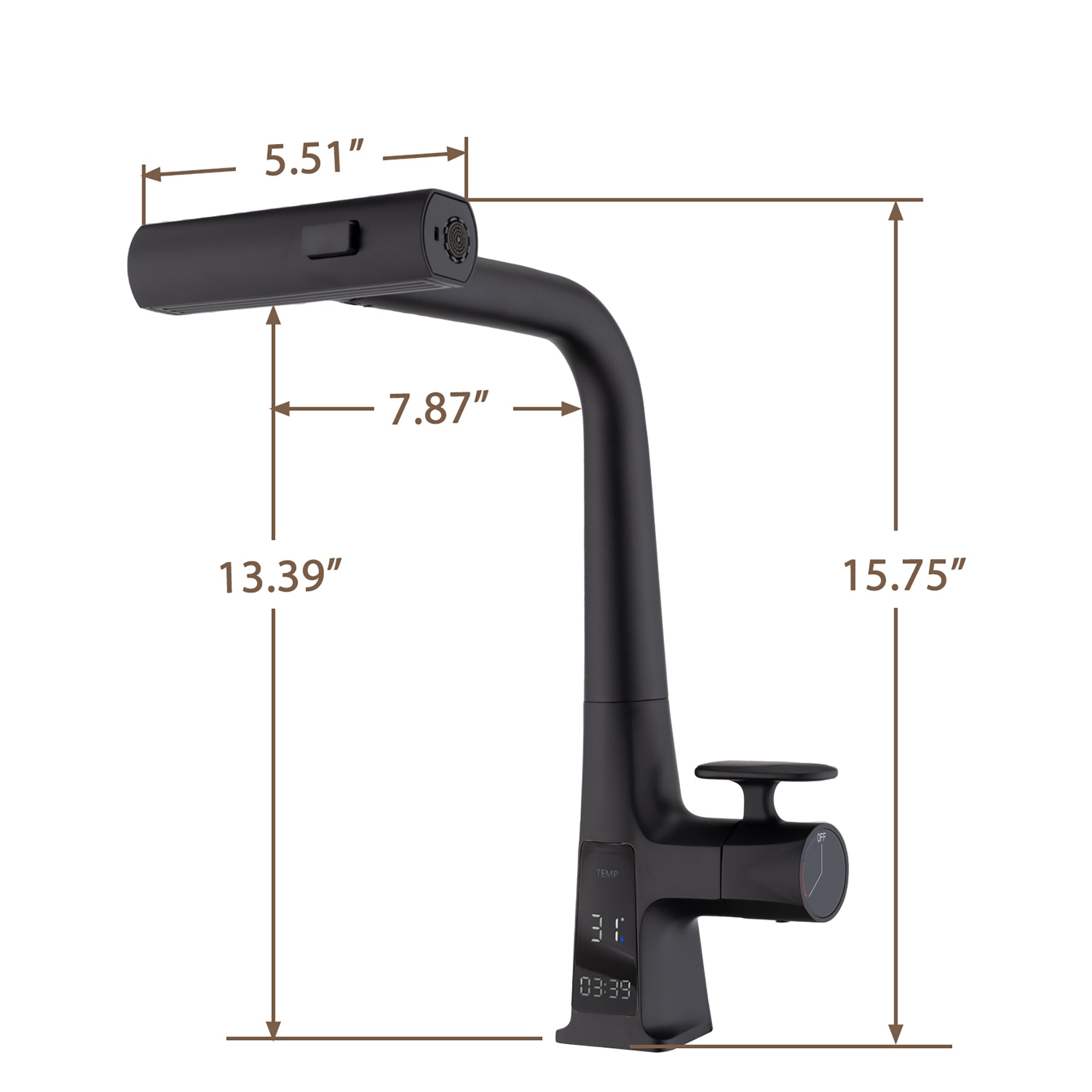 Modern Matte Black Waterfall Kitchen Faucet with Temperature Display and Pull Down Sprayer, Zinc Construction, 15.75-Inch Height