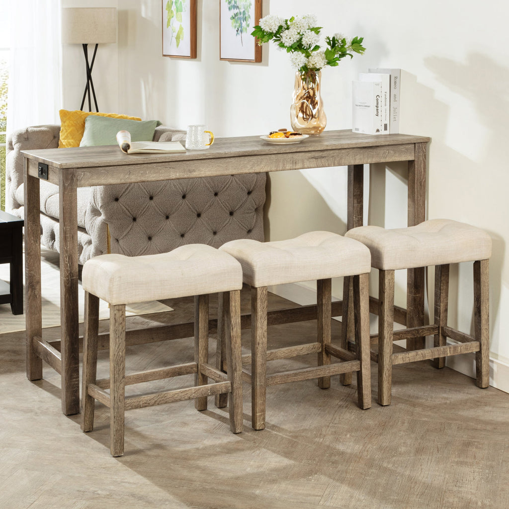 4-Piece Bar Table Set with Power Outlet, Dining Bar Table and Chairs Set, Bar Table Set with 3 Padded Stools for Living Room, Dining Room, Game Room, Brown