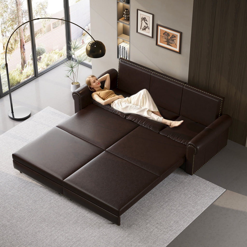 93.7 ' Pull Out Sofa Bed, 3-in-1 Faux Leather Convertible Sleeper Sofa with Nailhead Trim & Rolled Arm,Multi-Functional Sofa Bed for Living Room,Bedroom,Apartment,Office