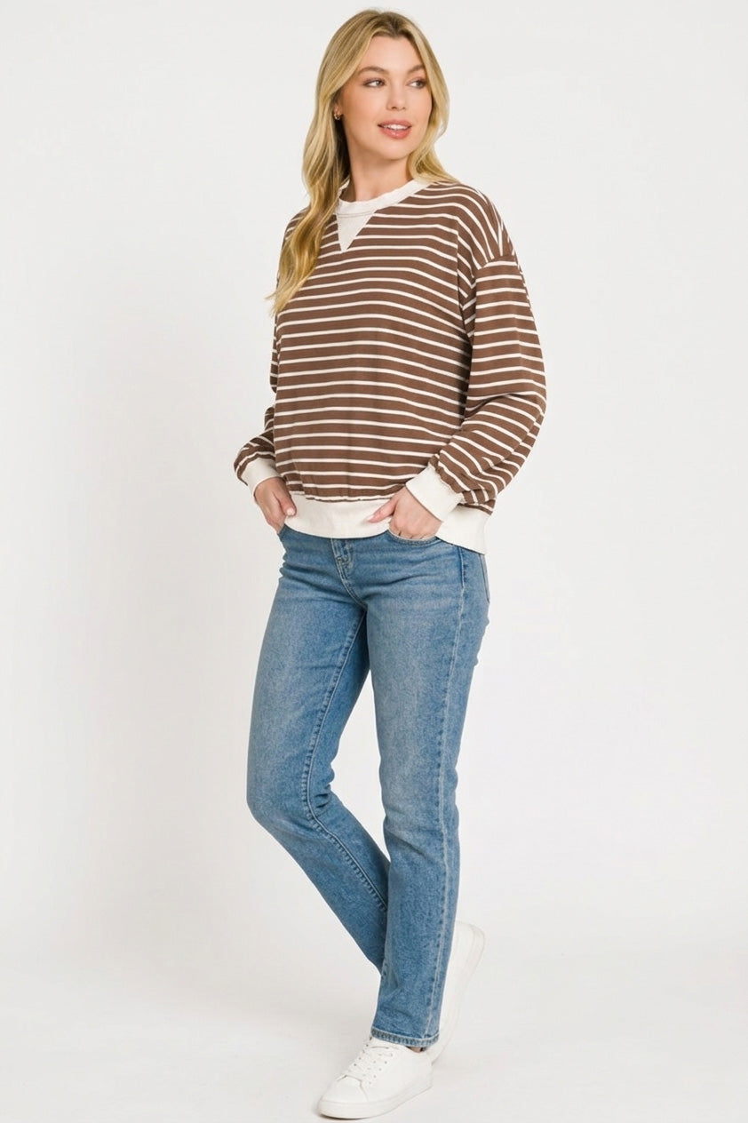 Zenana Striped Rib Banded Sweatshirt