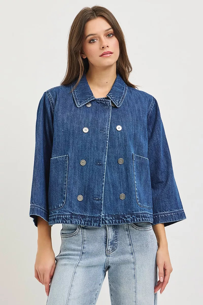 RISEN Double-Breasted Flowy Cropped Denim Jacket