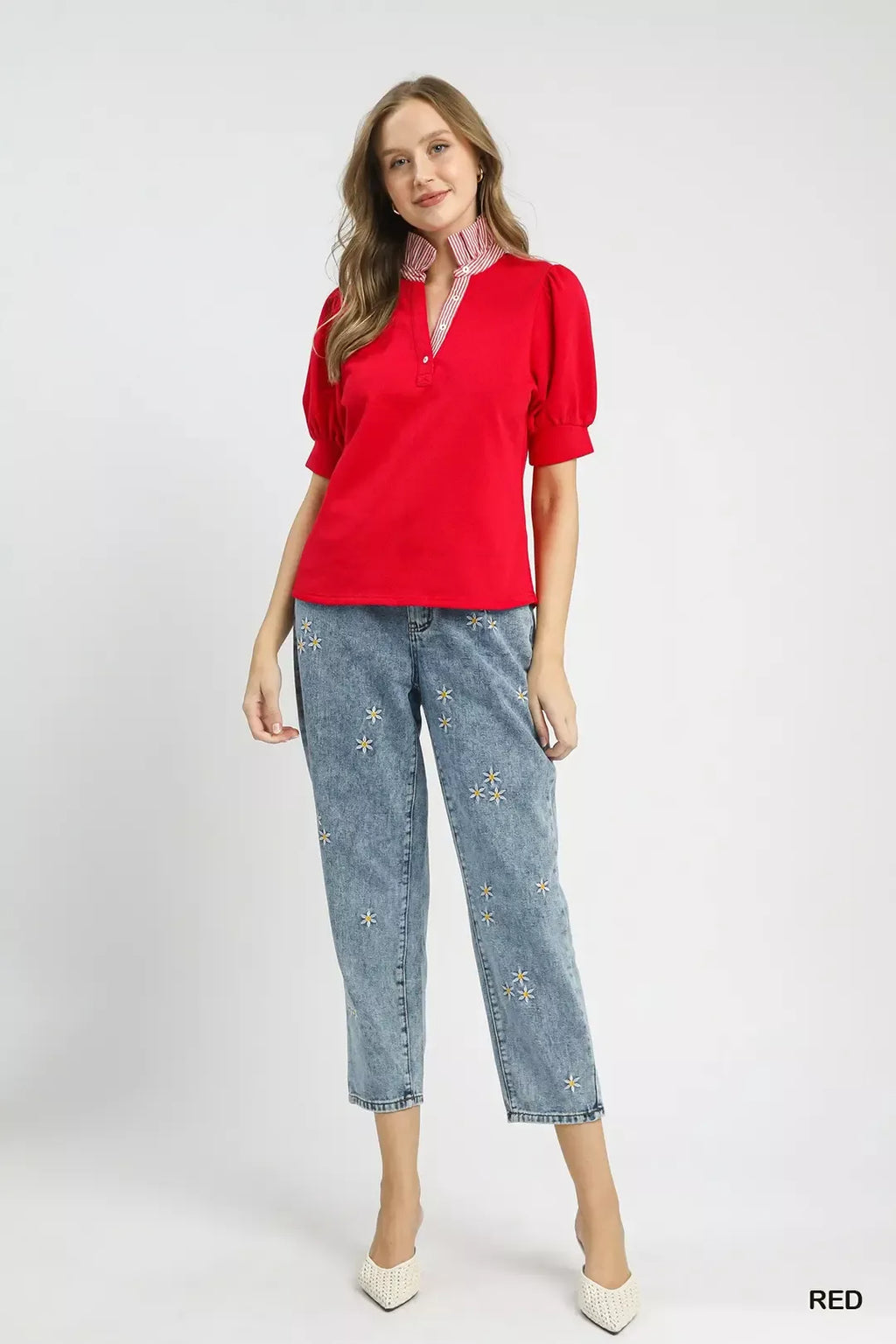 Umgee Striped Collar Popover Top