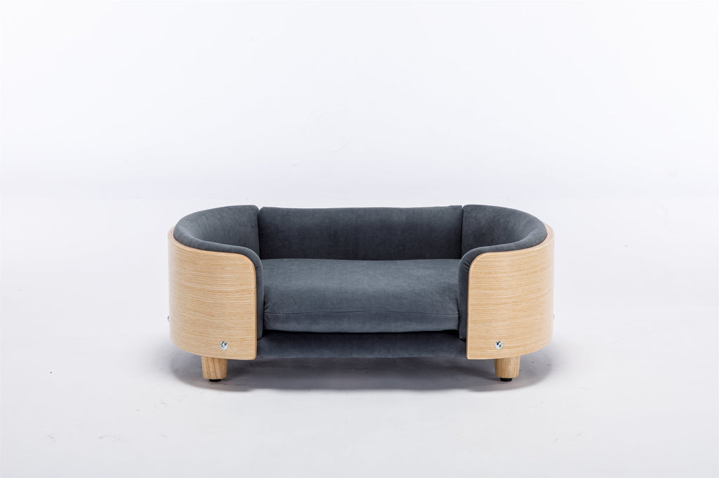 Scandinavian style Elevated Dog Bed Pet Sofa With Solid Wood legs and Bent Wood Back, Velvet Cushion,Mid Size,Dark Grey