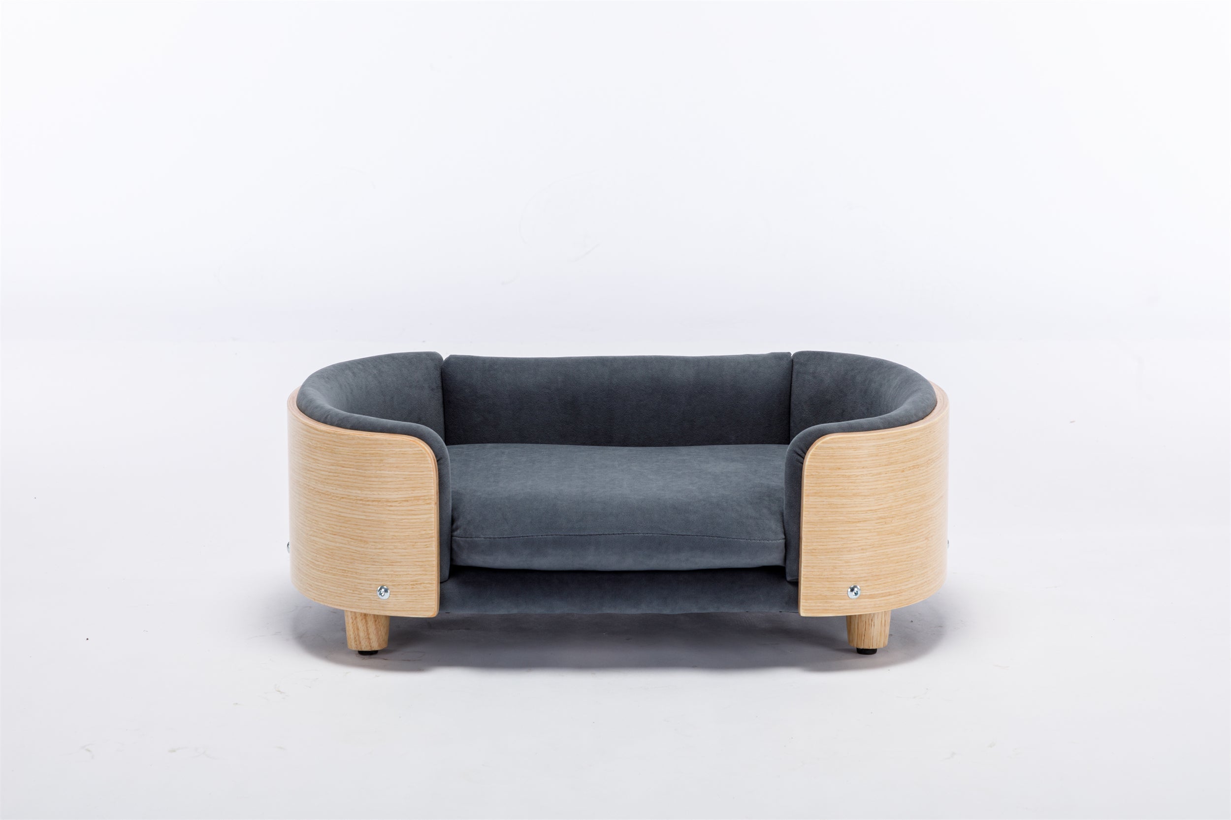 Scandinavian style Elevated Dog Bed Pet Sofa With Solid Wood legs and Bent Wood Back, Velvet Cushion,Mid Size,Dark Grey