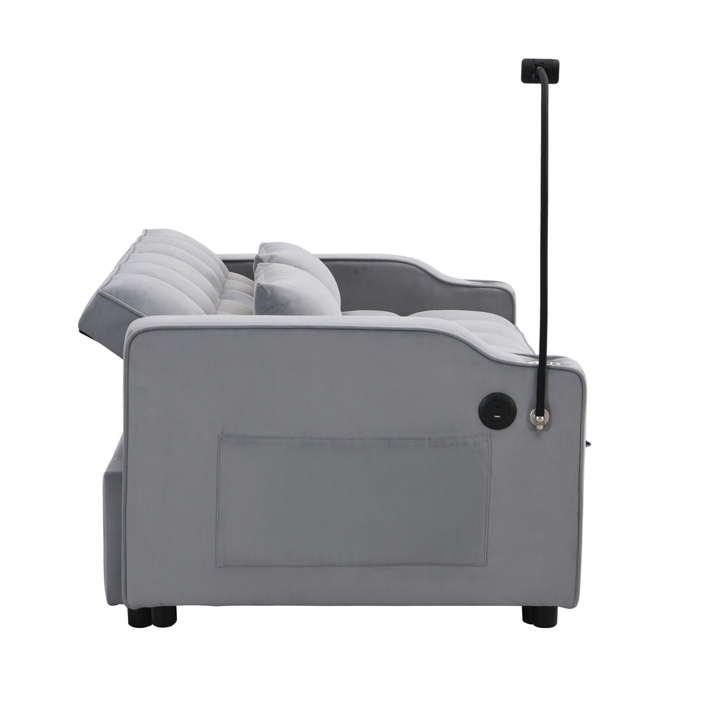 Modern Velvet Loveseat Futon Sofa Couch with Pullout Bed, Adjustable Backrest, Toss Pillows, Light Gray