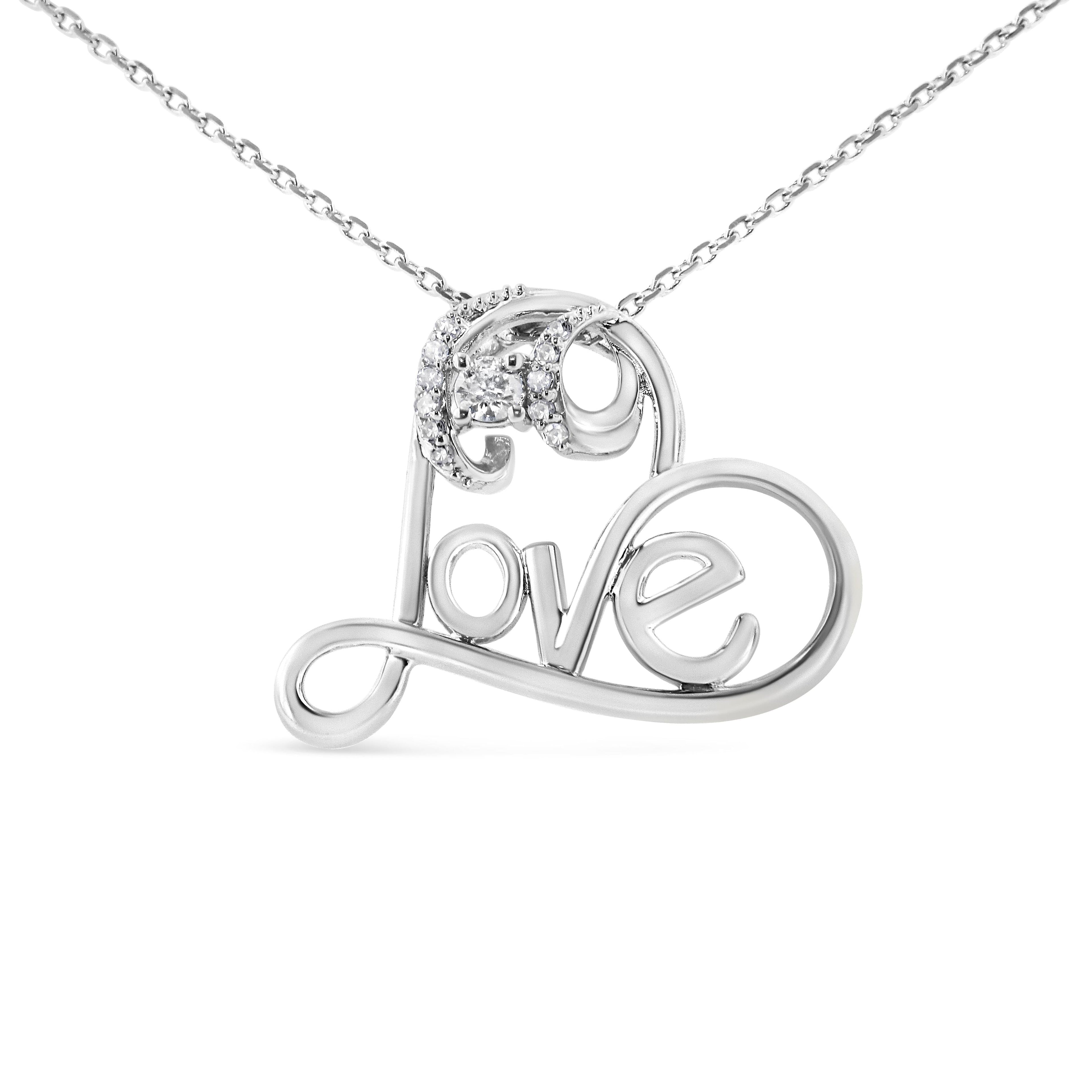 .925 Sterling Silver 1/6 Cttw Round Brilliant-Cut Diamond Accented Open Heart with Love 18" Pendant Necklace (H-I Color, I1-I2 Clarity)