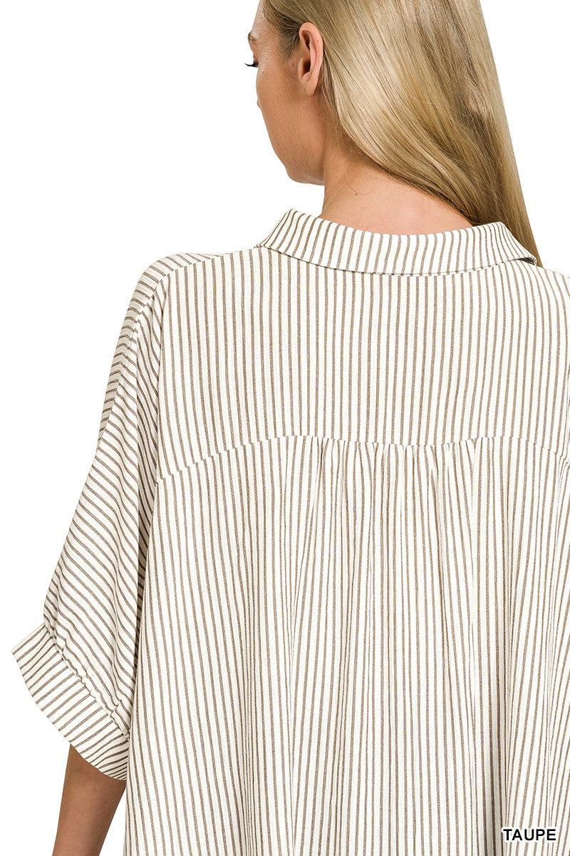 Zenana Full Size Woven Stripe Button Down Boxy Shirt Plus Size