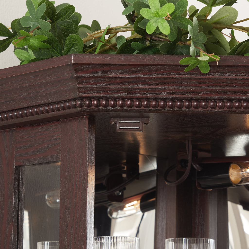Lighted Corner Curio Cabinet - Glass Display Shelf with Tempered Glass Doors, Adjustable Shelving, and Included Bead Bulb - Ideal Bar Cabinet for Home Decor- DARK CHERRY