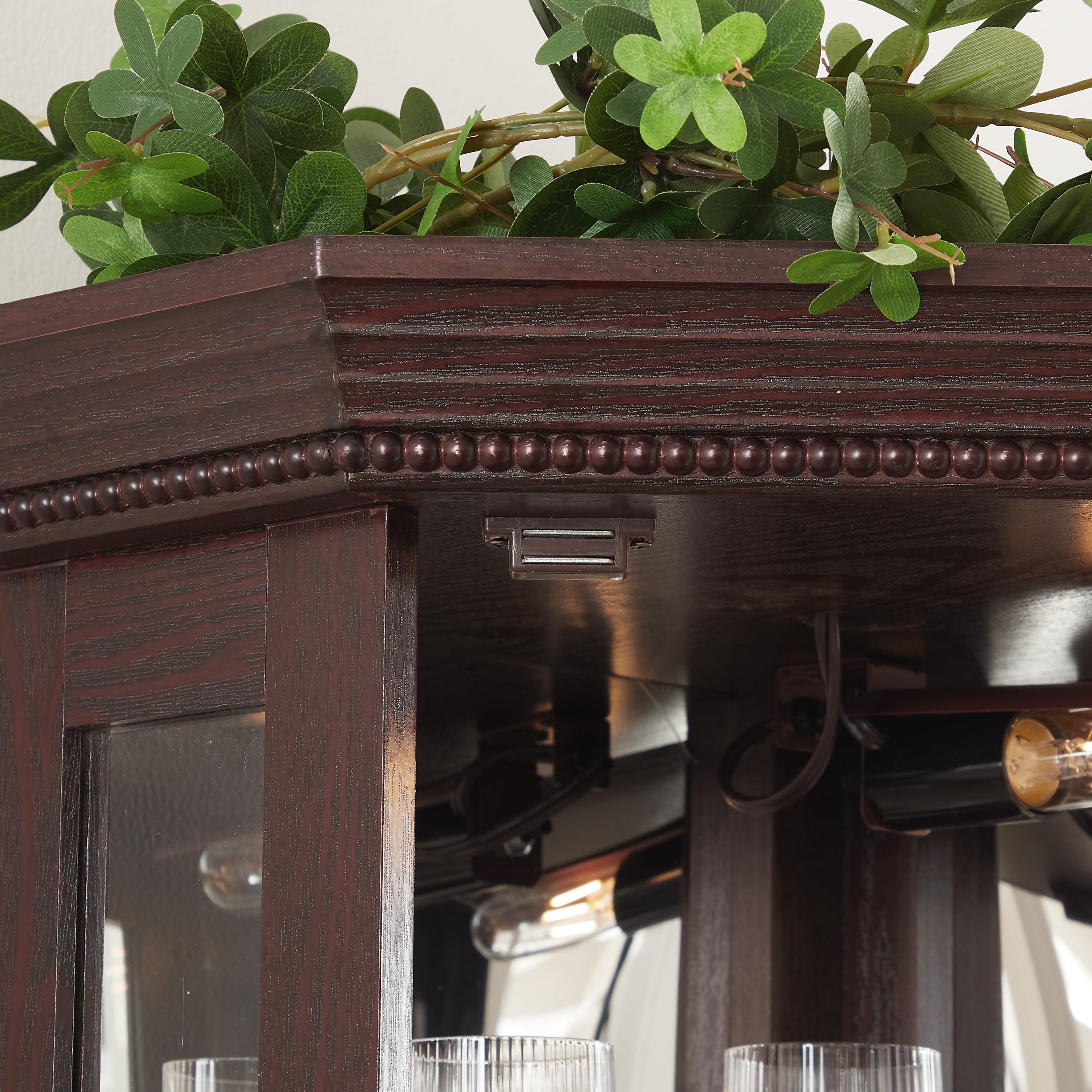 Lighted Corner Curio Cabinet - Glass Display Shelf with Tempered Glass Doors, Adjustable Shelving, and Included Bead Bulb - Ideal Bar Cabinet for Home Decor- DARK CHERRY