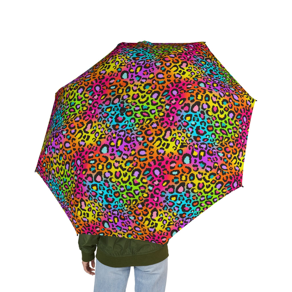 Neon Rainbow Leopard Foldable Umbrella — Compact Semi-Automatic Rain Parasol