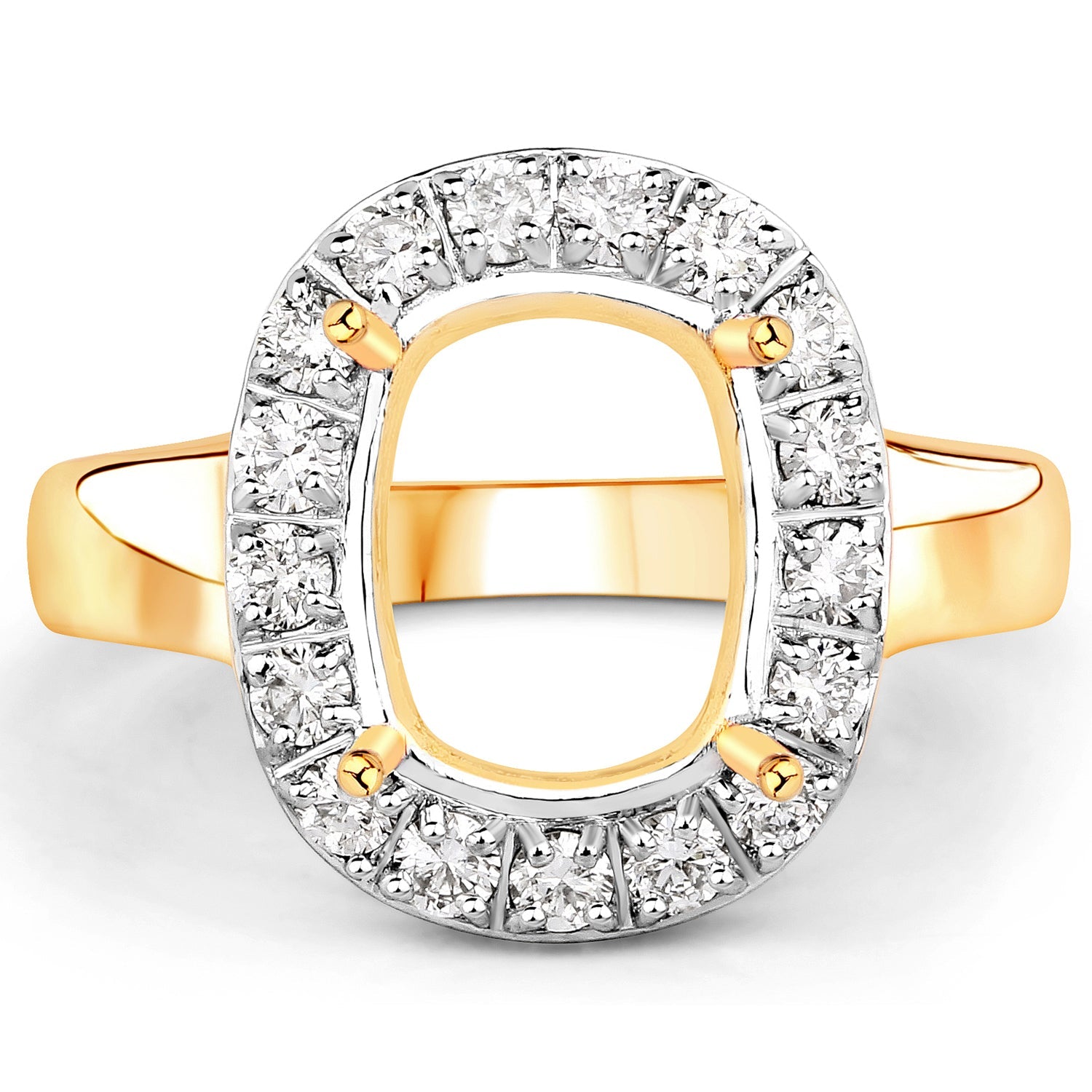 0.51 Carat Genuine White Diamond 14K Yellow Gold Semi Mount Ring - holds 10x8mm Cushion Gemstone