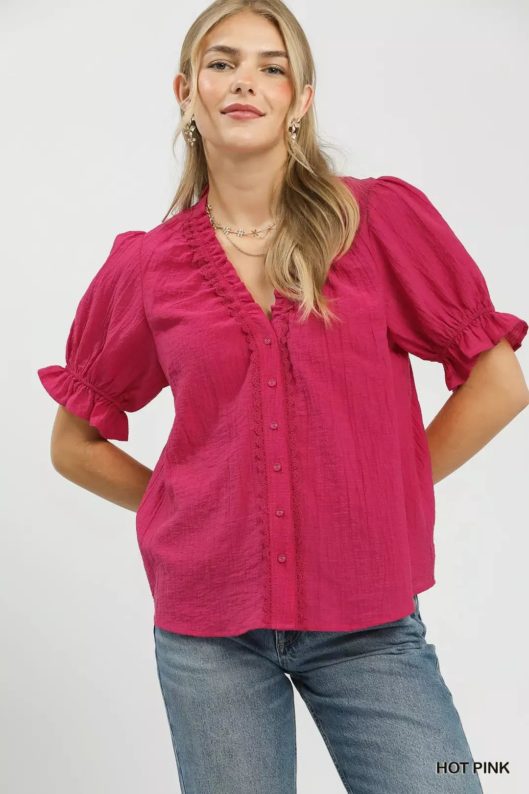 Umgee Textured Button-Front Puff Sleeve Top