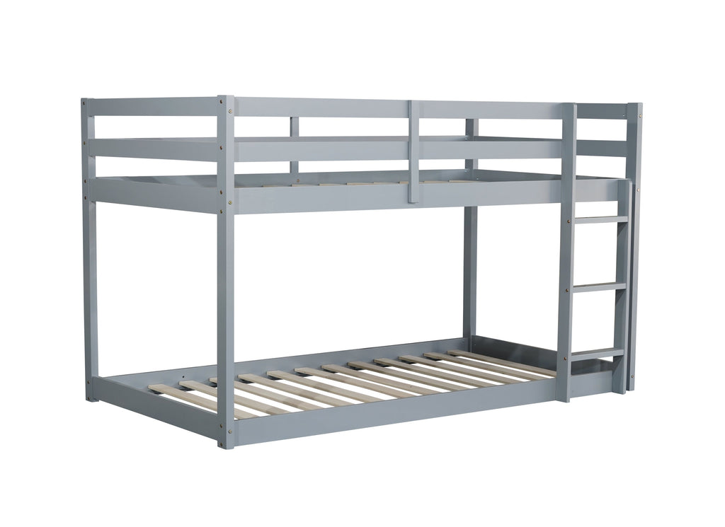 Solid Wooden , Solid Rubber Wooden Twin over Twin Floor Bunk Bed with Ladder ,Upper and Bottom Bed Platforms crafted with Strengthened Slats ,Grey