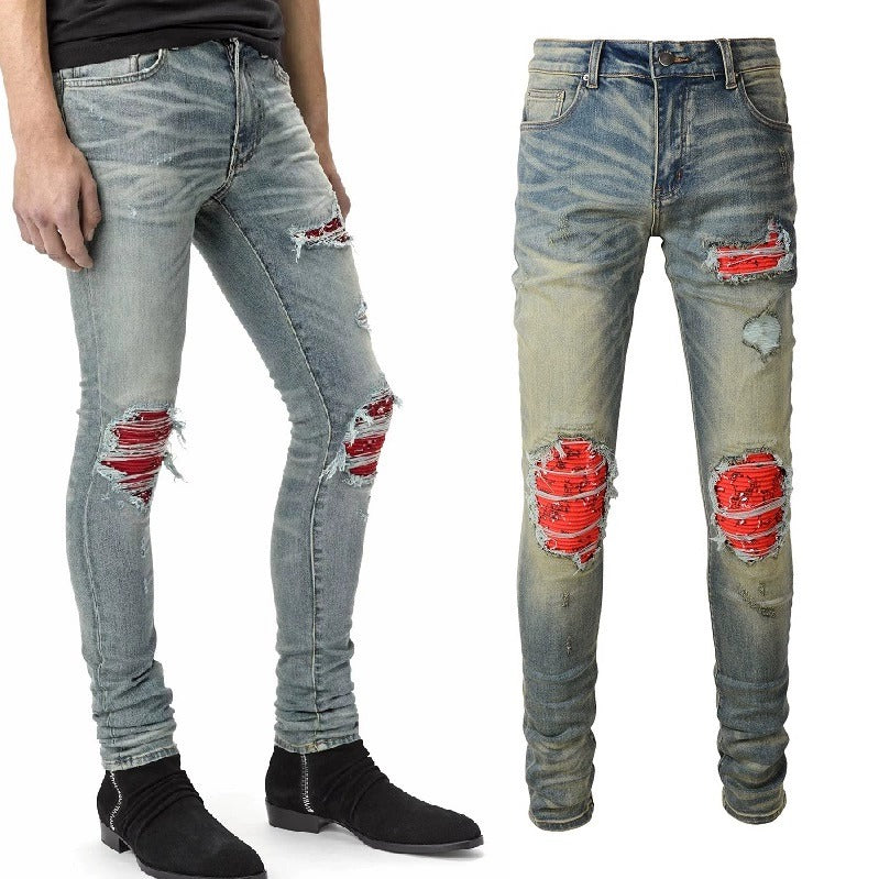Men's Light Colored Elastic Pleated Red Printed Jeans