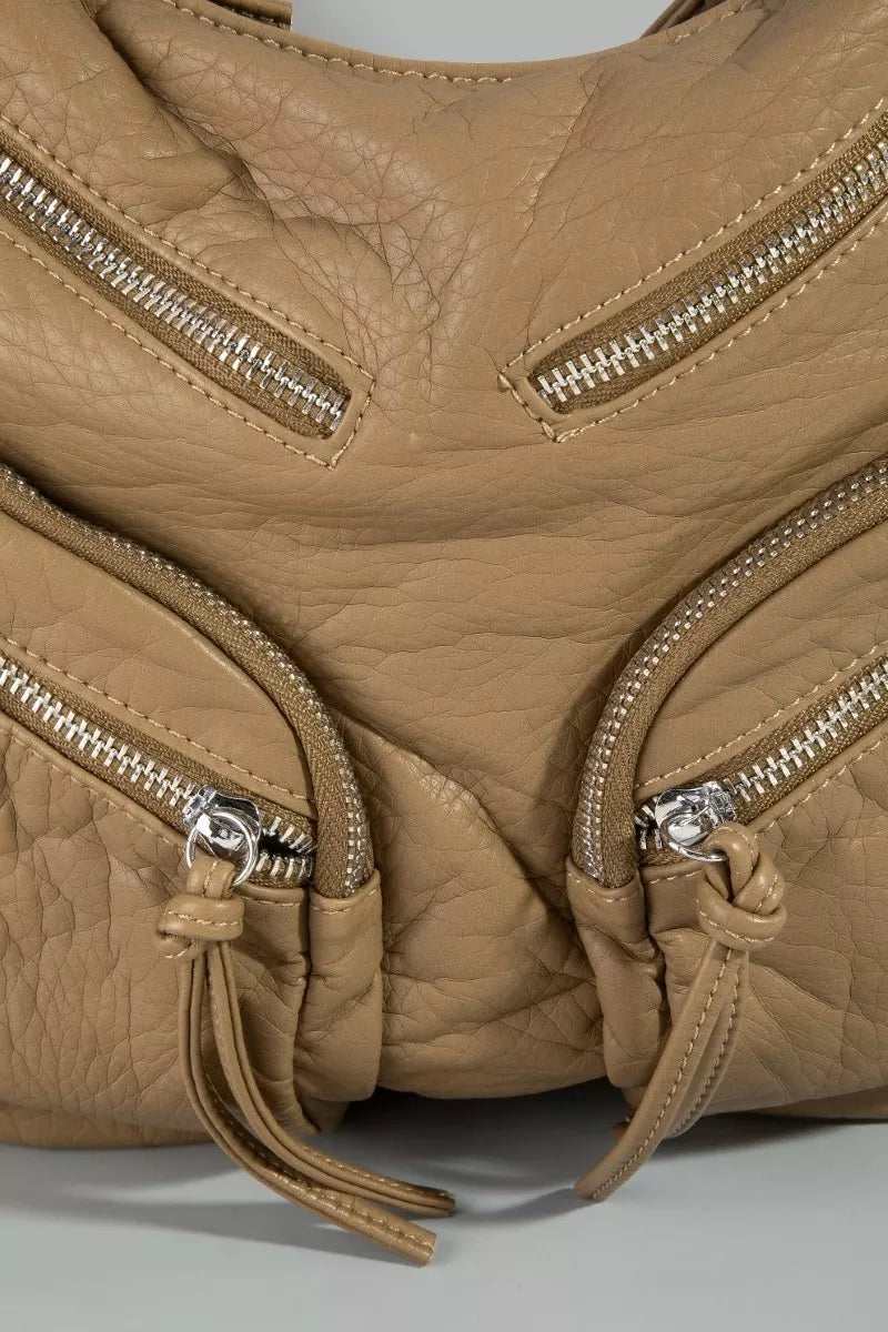 Fame Multi Zipper Pocket Leather Hobo Bag