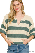 Zenana Split Neck Stripe Sweater