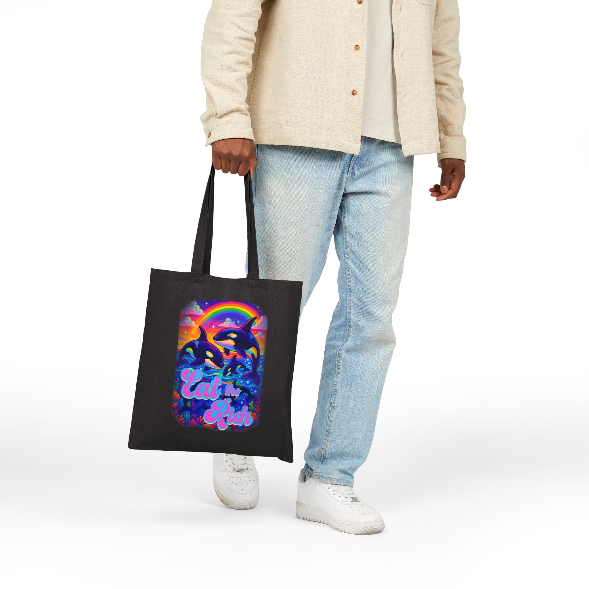 Bespattered Facade Rainbow Eat the Rich Orcas Canvas Tote Bag Reusable Carryall