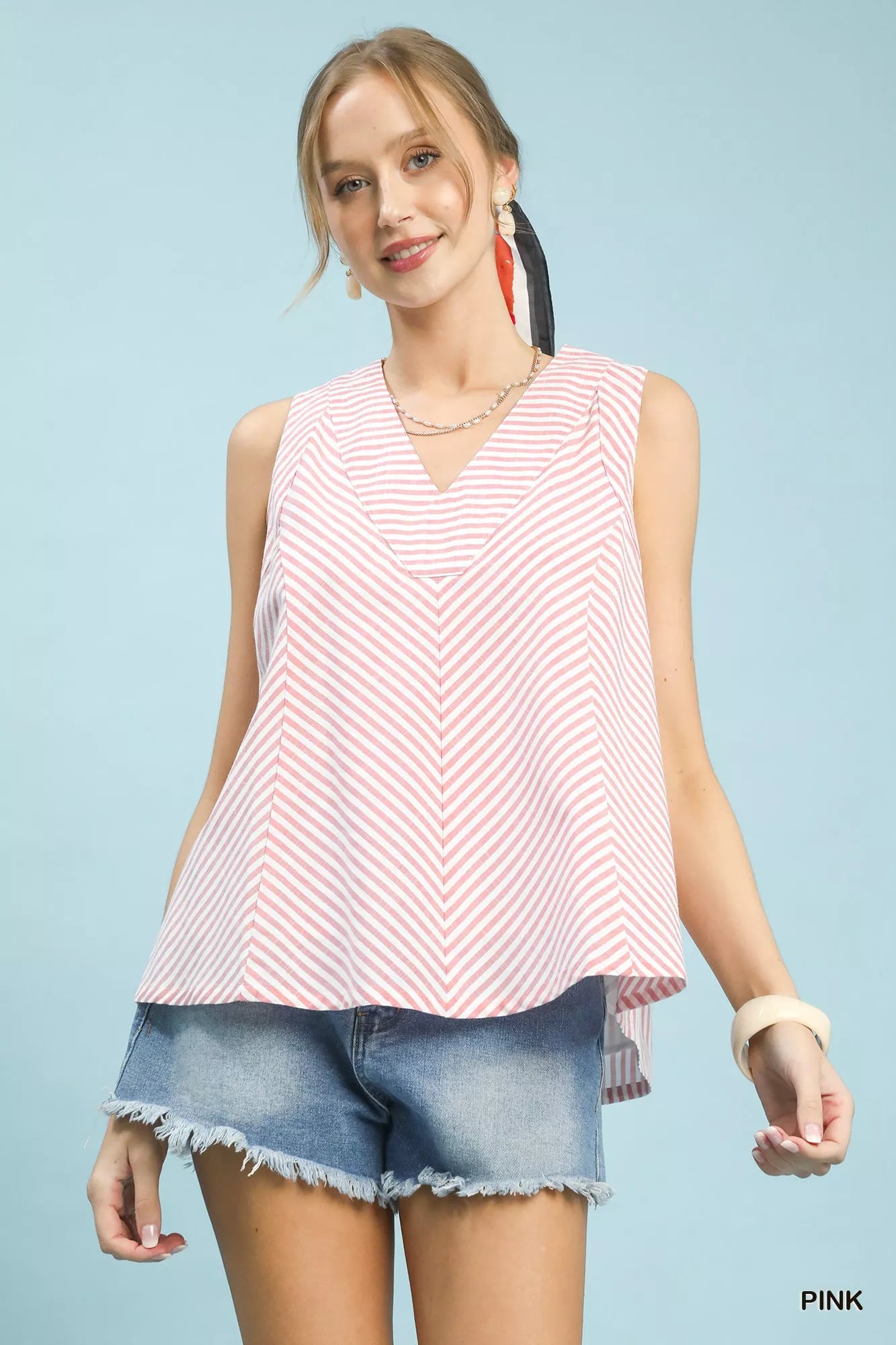 Umgee Mixed Stripe Sleeveless V-Neck Top