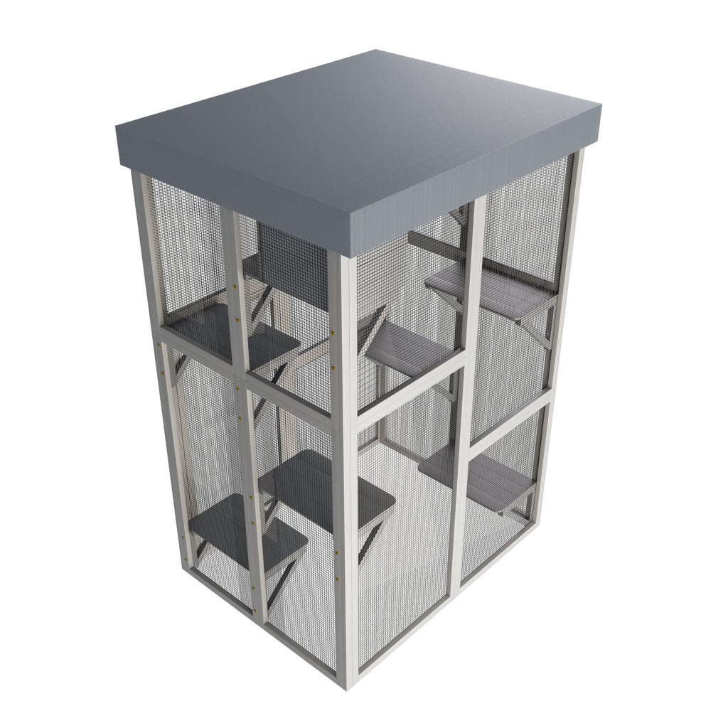 70.5＂ Tall Wooden Catio Outdoor Cat Enclosure, Gray Cat House Large Solid Wood Cage Playpen with 6 Jumping Platforms & 2 Napping Houses, Movable tarp cover