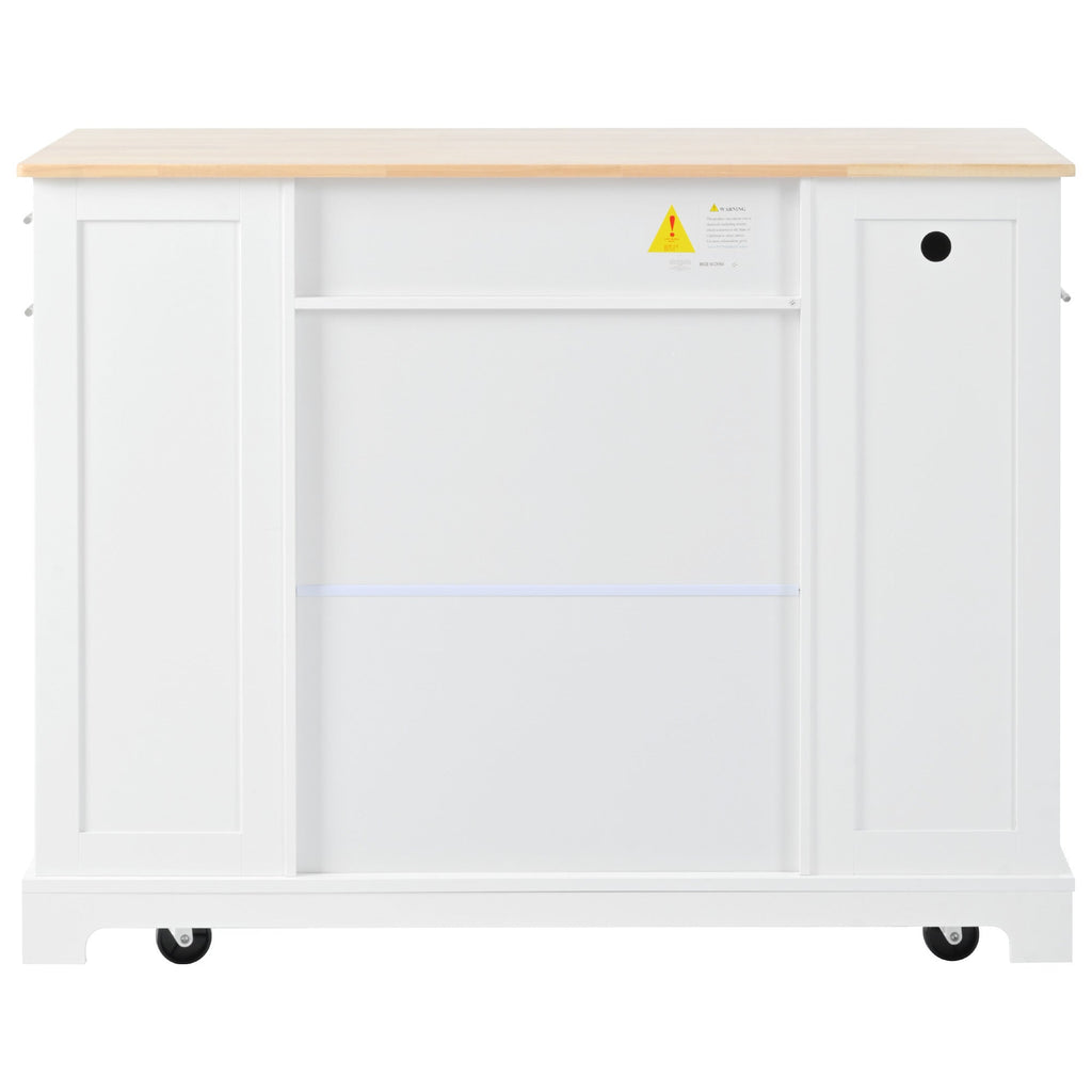 K&K Fluted Kitchen Island with Trash Can Storage Cabinet, Power Outlet, Internal Storage Rack, Rolling Kitchen Islands on 5 Wheels with 3 Drawer, 3 Open Side Racks for 10 Gallon Garbage Bin, White