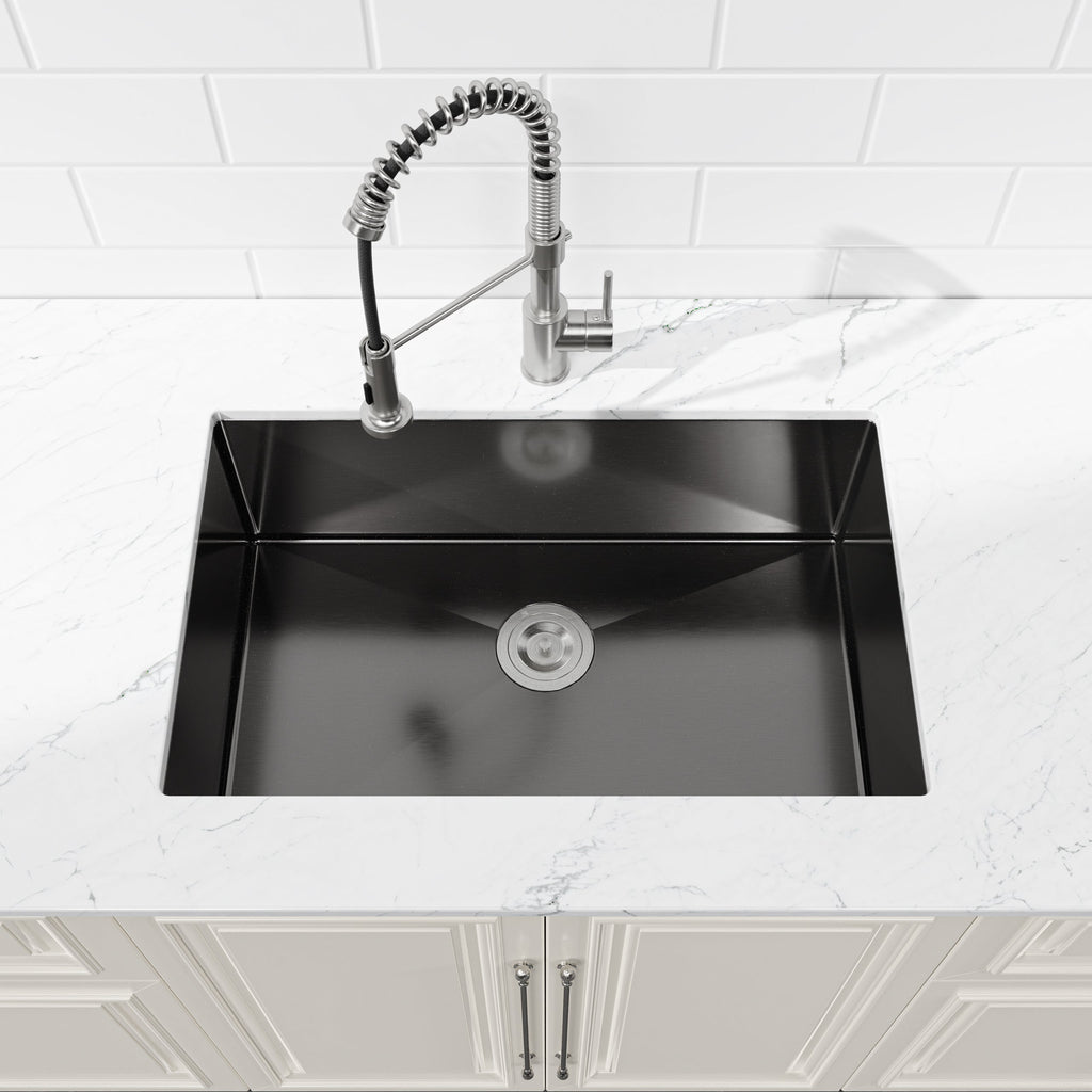 Stainless Steel Kitchen Sink, 27″x19″ Single Bowl, Undermount Handmade Sink in Black, with US Standard Drain and Hook
