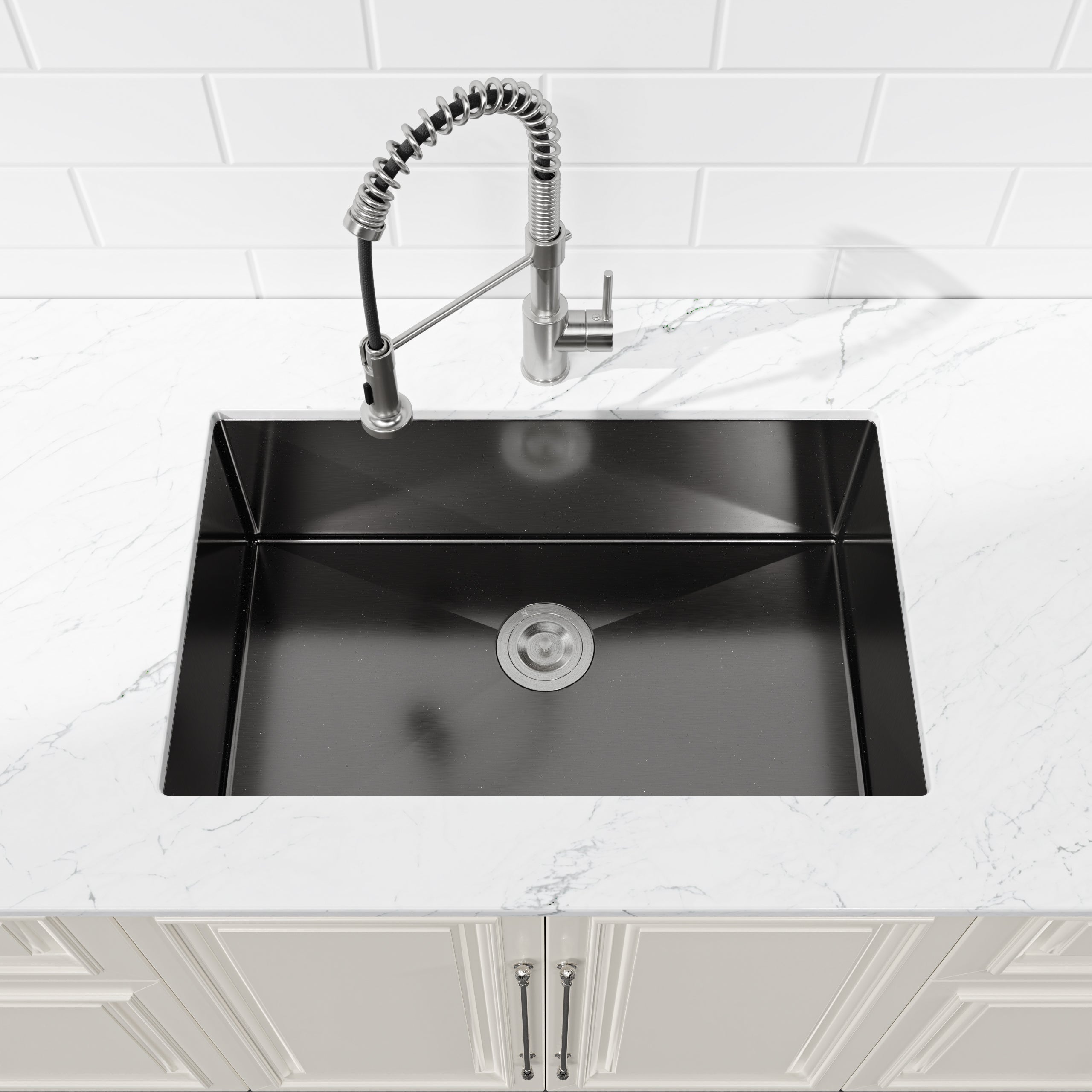 Stainless Steel Kitchen Sink, 27″x19″ Single Bowl, Undermount Handmade Sink in Black, with US Standard Drain and Hook