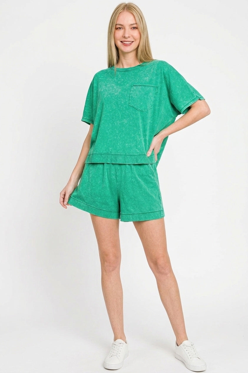 Zenana Acid Washed Oversized Top & Shorts Set