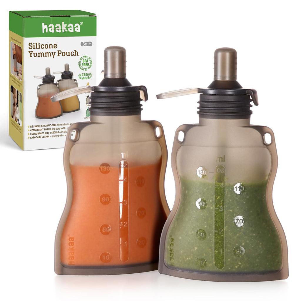 Haakaa Yummy Pouch Reusable Baby Food Pouch Baby Food Storage Kids Squeezable Pouch Washable Freezer - Make Homemade Organic Food for Babies/Toddlers 4oz 2 Pack6m+