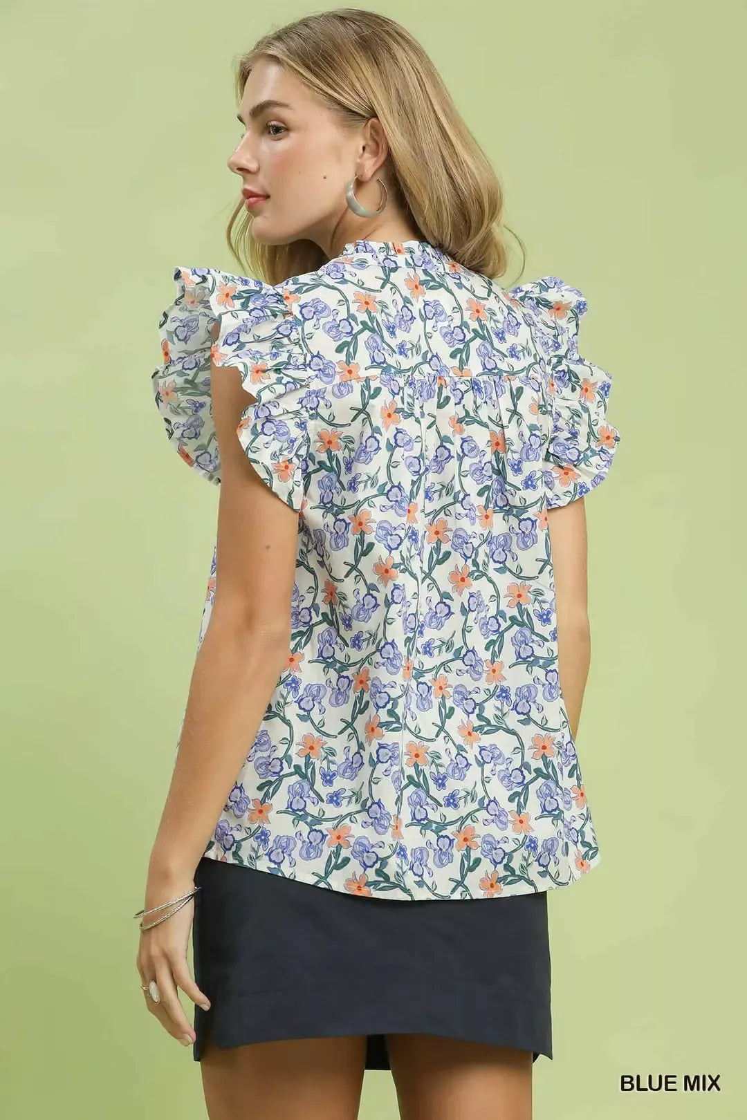 Umgee Floral Print Ruffle  Cap Sleeve Shirt