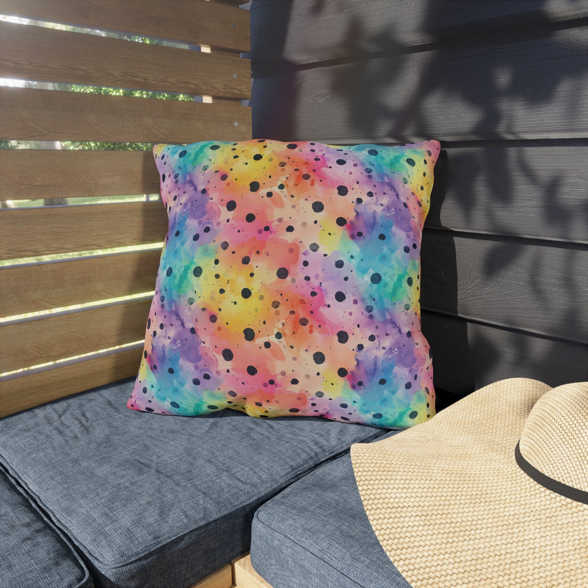 Bespattered Facade Rainbow Watercolor Dots UV-Resistant Outdoor Pillows | 4 Sizes