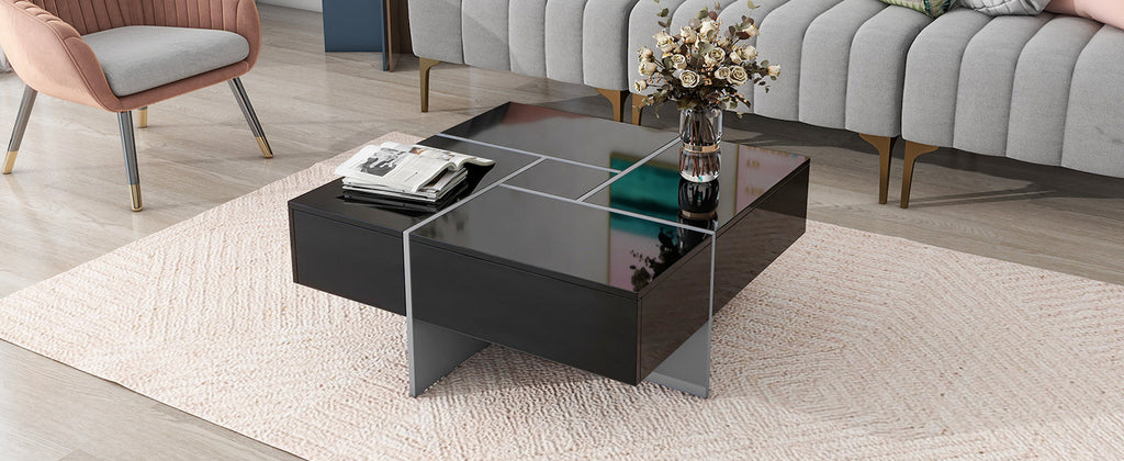 ON-TREND Unique Design Coffee Table with 4 Hidden Storage Compartments, Square Cocktail Table with Extendable Sliding Tabletop, UV High-gloss Design Center Table for Living Room, 31.5'x 31.5'