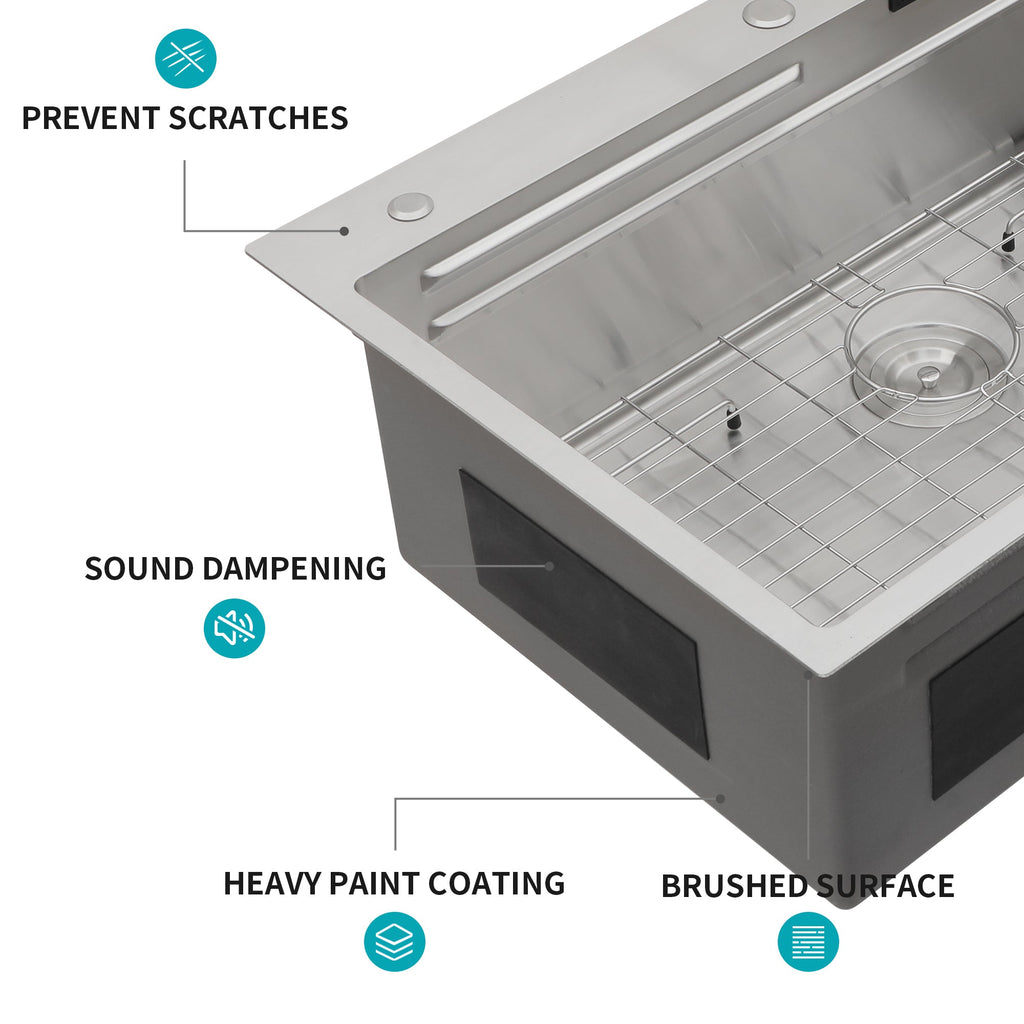 33*22 inch Brushed Nickel 33' Waterfall Kitchen Sink with Pull-Out Faucet & Cup Washer, Stainless Steel Ledge Workstation