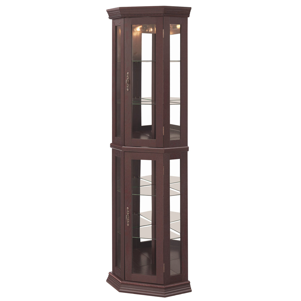 Lighted Corner Curio Cabinet - Glass Display Shelf with Tempered Glass Doors, Adjustable Shelving, and Included Bead Bulb - Ideal Bar Cabinet for Home Decor- DARK CHERRY