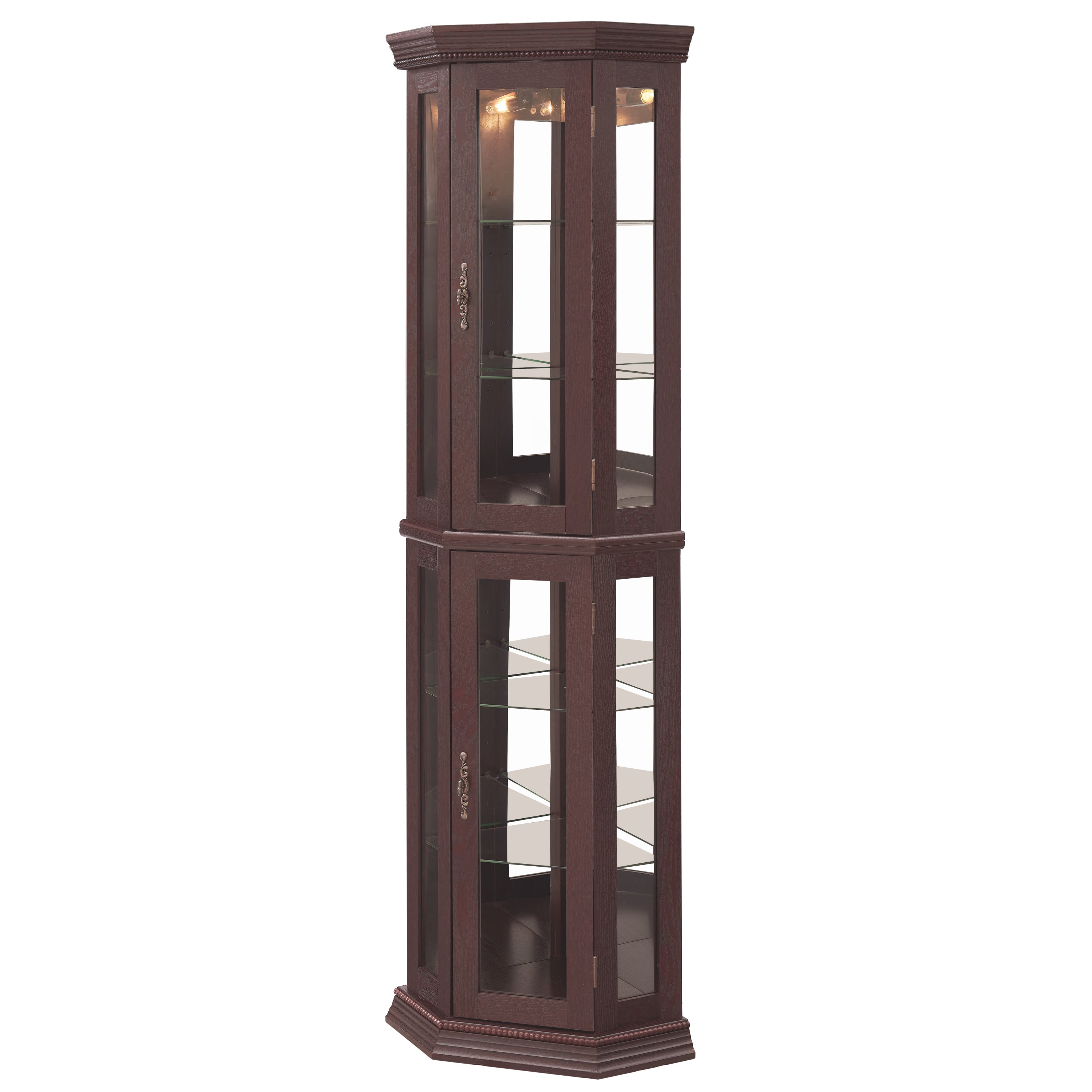 Lighted Corner Curio Cabinet - Glass Display Shelf with Tempered Glass Doors, Adjustable Shelving, and Included Bead Bulb - Ideal Bar Cabinet for Home Decor- DARK CHERRY