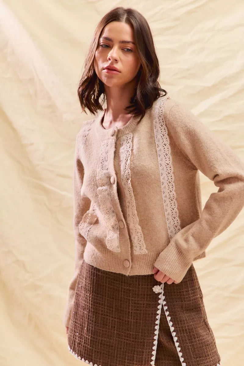 SO ME Front Lace Trim Button Cardigan Sweater